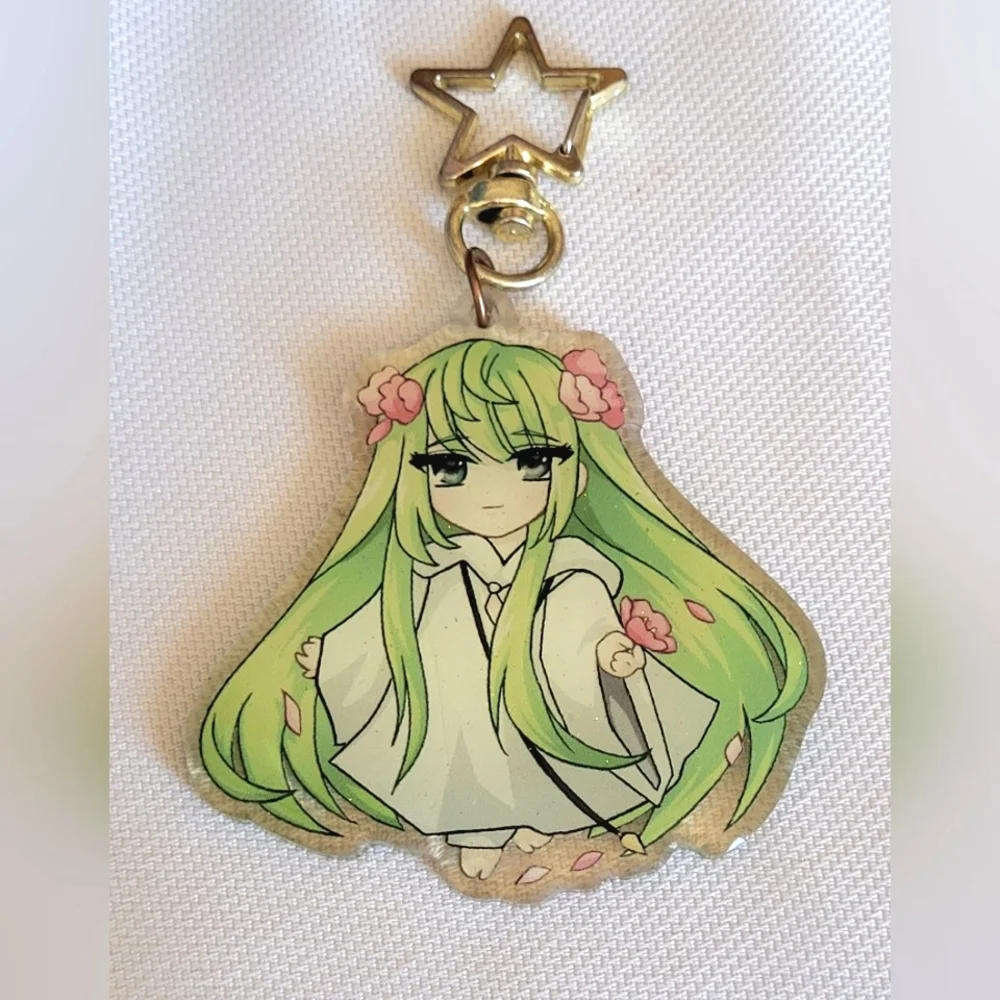 Green Anime Glittered Doubled Sided Holo Keychain with Star Clip